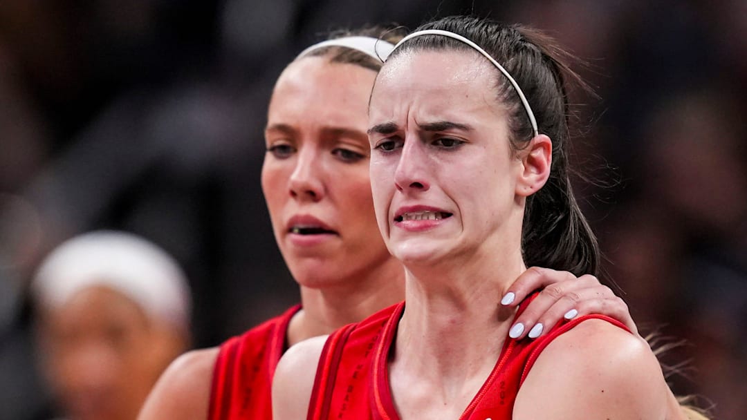 Indiana Fever guard Caitlin Clark (22) reacts to missing a 3-pointer Wednesday, Sept. 11, 2024, during a game between the Indiana Fever and the Las Vegas Aces at Gainbridge Fieldhouse in Indianapolis.