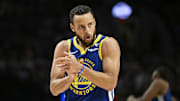 Apr 11, 2024; Portland, Oregon, USA; Golden State Warriors guard Stephen Curry (30) claps his hands in celebration during the second half against the Portland Trail Blazers at Moda Center. Mandatory Credit: Troy Wayrynen-Imagn Images