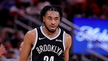 Oct 27, 2025; Houston, Texas, USA; Brooklyn Nets guard Cam Thomas (24) handles the ball against the Houston Rockets during the third quarter at Toyota Center. Mandatory Credit: Erik Williams-Imagn Images
