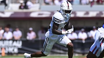 Sep 21, 2024; Starkville, Mississippi, USA; Mississippi State Bulldogs wide receiver Kevin Coleman Jr. (3) runs the ball against the Florida Gators during the second quarter at Davis Wade Stadium at Scott Field. Mandatory Credit: Matt Bush-Imagn Images