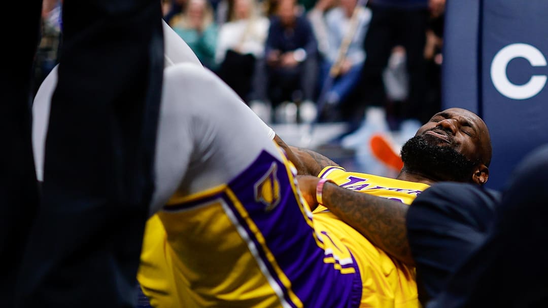 Mar 5, 2026; Denver, Colorado, USA; Los Angeles Lakers forward LeBron James (23) reacts on the court after a play in the fourth quarter against the Denver Nuggets at Ball Arena. Mandatory Credit: Isaiah J. Downing-Imagn Images
