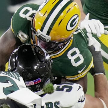 Green Bay Packers running back Josh Jacobs is stuffed on the pivotal fourth down against the Eagles.