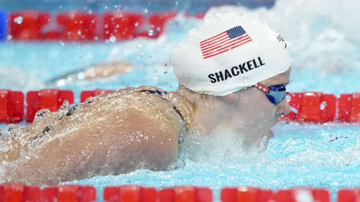 Jul 31, 2024; Nanterre, France; Alex Shackell (USA) in the women’s 200-meter butterfly preliminary heats during the Paris 2024 Olympic Summer Games at Paris La Défense Arena. Mandatory Credit: Grace Hollars-USA TODAY Sports