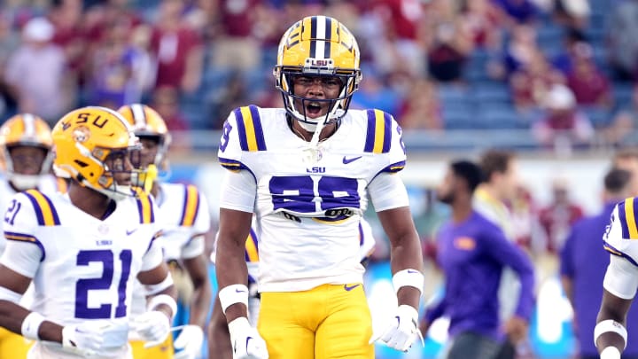 Sep 3, 2023; Orlando, Florida, USA; LSU Tigers cornerback Jeremiah Hughes (29) is pumped up before the game against the Florida State Seminoles at Camping World Stadium. Mandatory Credit: Melina Myers-USA TODAY Sports