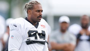 Jul 30, 2025; New Orleans, LA, USA;  New Orleans Saints defensive end Cameron Jordan (94) during training camp at Ochsner Sports Performance Center. Mandatory Credit: Stephen Lew-Imagn Images