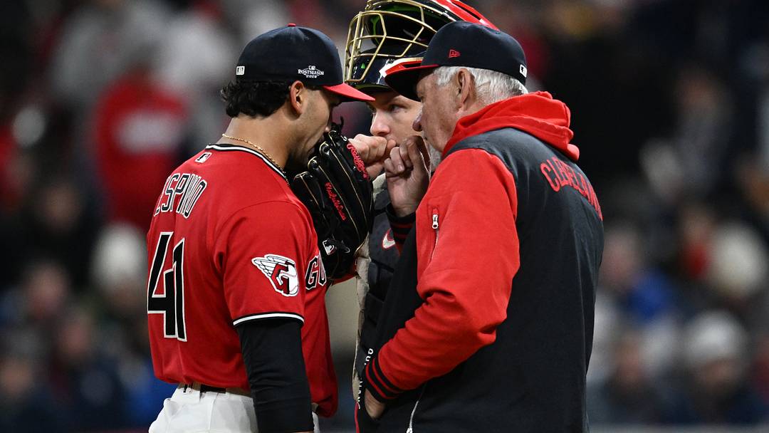 Oct 17, 2026; Cleveland, Ohio, USA; Cleveland Guardians pitching coach Carl Willis (51) visits pitcher Daniel Espino (41) on the mound during the sixth inning against the Tampa Bay Rays in game four of the ALCS for the 2026 MLB Playoffs at Progressive Field. Mandatory Credit: Ken Blaze-Imagn Images Oct 17, 2026; Cleveland, Ohio, USA; Cleveland Guardians pitching coach Carl Willis (51) visits pitcher Daniel Espino (41) on the mound during the sixth inning against the Tampa Bay Rays in game four of the ALCS for the 2026 MLB Playoffs at Progressive Field. Mandatory Credit: Ken Blaze-Imagn Images