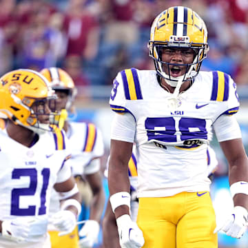 Sep 3, 2023; Orlando, Florida, USA; LSU Tigers cornerback Jeremiah Hughes (29) is pumped up before the game against the Florida State Seminoles at Camping World Stadium. Mandatory Credit: Melina Myers-Imagn Images