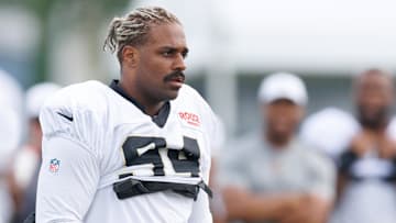 Jul 30, 2025; New Orleans, LA, USA;  New Orleans Saints defensive end Cameron Jordan (94) during training camp at Ochsner Sports Performance Center. Mandatory Credit: Stephen Lew-Imagn Images