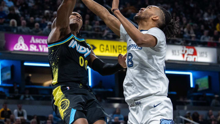 Jan 28, 2024; Indianapolis, Indiana, USA; Indiana Pacers guard Bennedict Mathurin (00) shoots the ball while Memphis Grizzlies forward Ziaire Williams (8) defends in the second half at Gainbridge Fieldhouse. Mandatory Credit: Trevor Ruszkowski-USA TODAY Sports