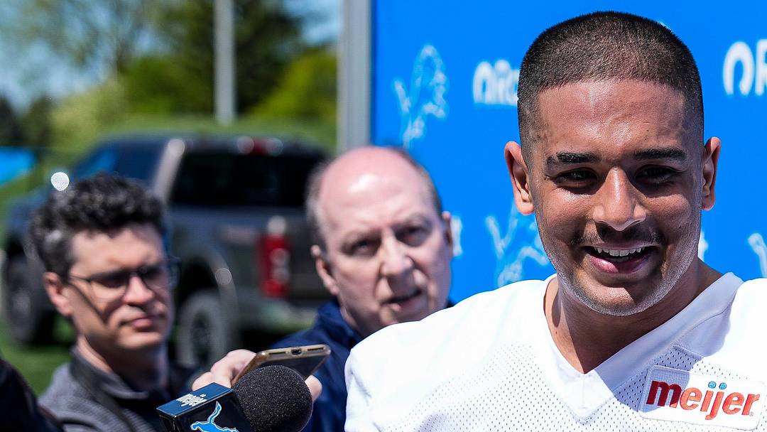 Detroit Lions defensive lineman Ahmed Hassanein (61) speaks after practice during rookie minicamp 