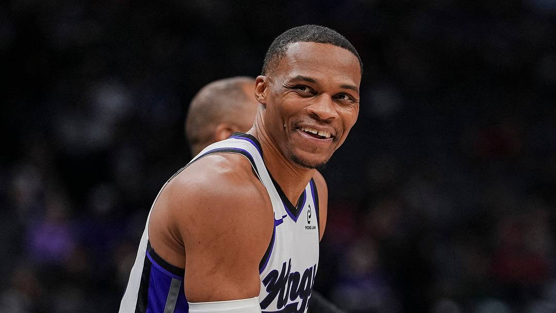 Jan 11, 2026; Sacramento, California, USA; Sacramento Kings guard Russell Westbrook (18) smiles during the second quarter Houston Rockets at Golden 1 Center. Jan 11, 2026; Sacramento, California, USA; Sacramento Kings guard Russell Westbrook (18) smiles during the second quarter Houston Rockets at Golden 1 Center.