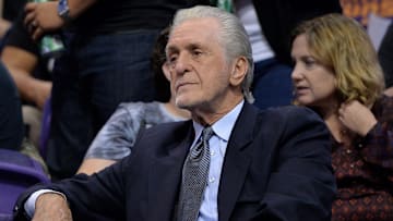 Nov 8, 2017; Phoenix, AZ, USA; Miami Heat president Pat Riley watches a game between the Miami Heat and Phoenix Suns at Talking Stick Resort Arena. Mandatory Credit: Jennifer Stewart-Imagn Images