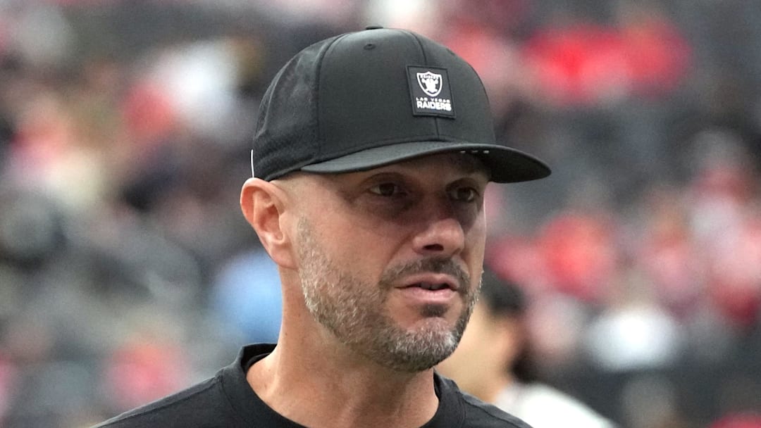Jan 4, 2026; Paradise, Nevada, USA; Las Vegas Raiders general manager John Spytek reacts during the game against the Kansas City Chiefs at Allegiant Stadium. Mandatory Credit: Kirby Lee-Imagn Images