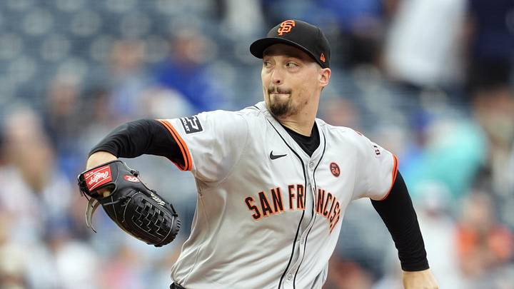 Sep 22, 2024; Kansas City, Missouri, USA; San Francisco Giants starting pitcher Blake Snell (7) pitches during the first inning against the Kansas City Royals at Kauffman Stadium. Mandatory Credit: Jay Biggerstaff-Imagn Images