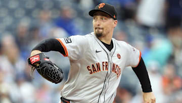 Sep 22, 2024; Kansas City, Missouri, USA; San Francisco Giants starting pitcher Blake Snell (7) pitches during the first inning against the Kansas City Royals at Kauffman Stadium. Mandatory Credit: Jay Biggerstaff-Imagn Images