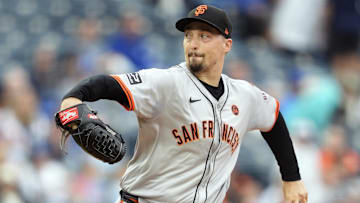 Sep 22, 2024; Kansas City, Missouri, USA; San Francisco Giants starting pitcher Blake Snell (7) pitches during the first inning against the Kansas City Royals at Kauffman Stadium.