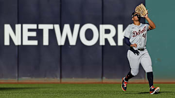 Oct 7, 2024; Cleveland, Ohio, USA; Detroit Tigers outfielder Wenceel Perez (46) catches a fly ball during the second inning against the Cleveland Guardians during game two of the ALDS for the 2024 MLB Playoffs at Progressive Field. 