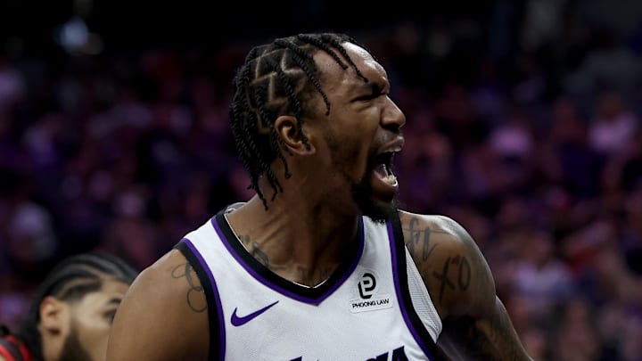 Mar 8, 2026; Sacramento, California, USA; Sacramento Kings guard Malik Monk (0) reacts after dunking the ball against the Chicago Bulls during the first quarter at Golden 1 Center. Mandatory Credit: Dennis Lee-Imagn Images