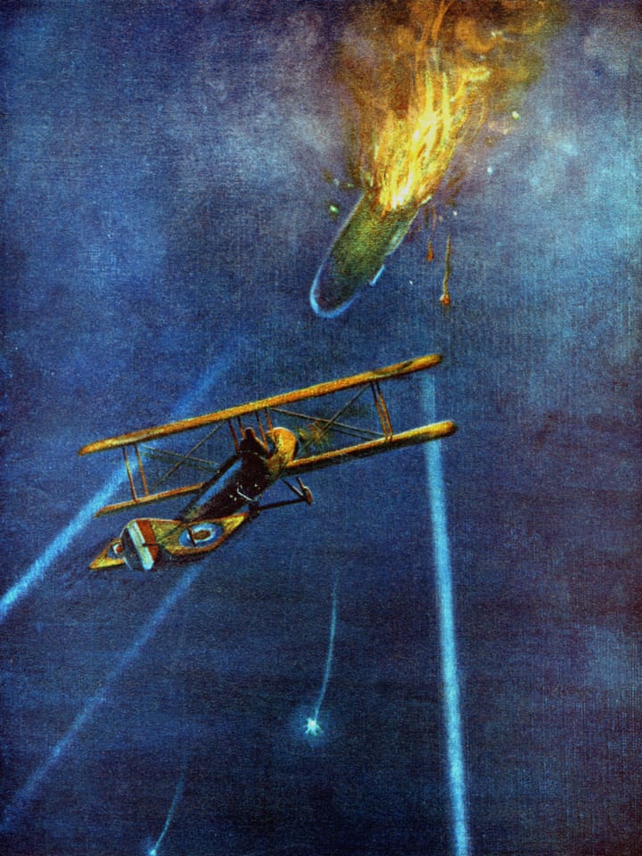 A zeppelin airship shot down during a bombing raid on London, 1916.