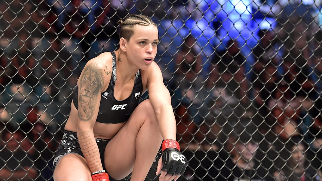 Nov 4, 2023; Sao Paulo, Brazil; Eduarda Moura (red gloves) before fighting Montserrat Ruiz (not pictured) during UFC Fight Night at Ibirapuera Arena. Mandatory Credit: Jason da Silva-USA TODAY Sports