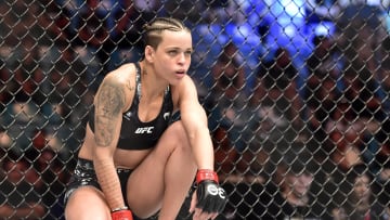 Nov 4, 2023; Sao Paulo, Brazil; Eduarda Moura (red gloves) before fighting Montserrat Ruiz (not pictured) during UFC Fight Night at Ibirapuera Arena. Mandatory Credit: Jason da Silva-USA TODAY Sports