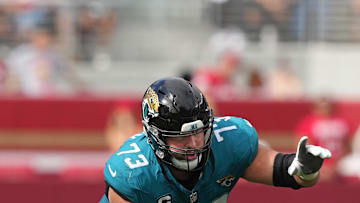Sep 28, 2025; Santa Clara, California, USA; Jacksonville Jaguars center Robert Hainsey (73) during the third quarter against the San Francisco 49ers at Levi's Stadium. 