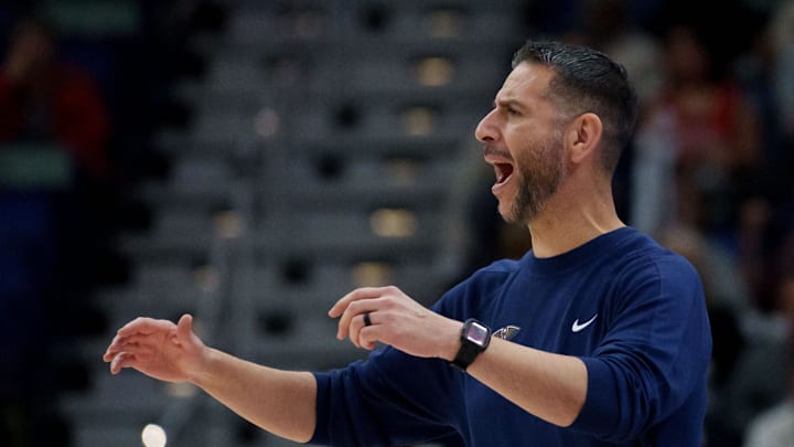 Dec 2, 2025; New Orleans, Louisiana, USA; New Orleans Pelicans interim head coach James Borrego reacts during the first half against the Minnesota Timberwolves at Smoothie King Center. Mandatory Credit: Matthew Hinton-Imagn Images