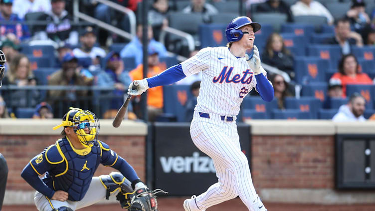 Mar 30, 2024; New York City, New York, USA;  New York Mets third baseman Brett Baty (22) hits a