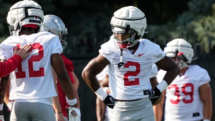 Aug 1, 2024; Columbus, OH, USA; Ohio State Buckeyes safety Caleb Downs (2) lines up during football camp at the Woody Hayes Athletic Complex.