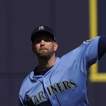 Seattle Mariners starting pitcher James Paxton throws during a spring training game against the Milwaukee Brewers on March 21, 2021, at American Family Fields of Phoenix.