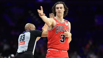 Feb 24, 2025; Philadelphia, Pennsylvania, USA; Chicago Bulls guard Josh Giddey (3) reacts after his three pointer against the Philadelphia 76ers during the fourth quarter at Wells Fargo Center. Mandatory Credit: Bill Streicher-Imagn Images