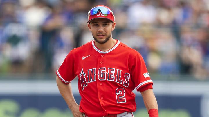 Mar 1, 2026; Phoenix, Arizona, USA; Los Angeles Angels second baseman Nick Madrigal against the Los Angeles Dodgers during a spring training game at Camelback Ranch-Glendale. Mandatory Credit: Mark J. Rebilas-Imagn Images