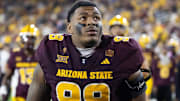Nov 28, 2025; Tempe, Arizona, USA; Arizona State Sun Devils defensive lineman C.J. Fite (99) against the Arizona Wildcats during the 99th Territorial Cup at Mountain America Stadium. Mandatory Credit: Mark J. Rebilas-Imagn Images