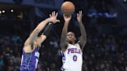 Dec 3, 2024; Charlotte, North Carolina, USA;  Philadelphia 76ers guard Tyrese Maxey (0) shoots past the defense of Charlotte Hornets guard Josh Green (10) during the first half at the Spectrum Center. Mandatory Credit: Sam Sharpe-Imagn Images