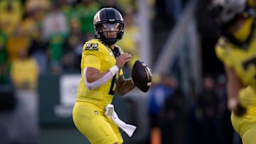 Oregon Ducks quarterback Dillon Gabriel looks to pass as the Ducks host the Spartans Friday, Oct. 4, 2024 at Autzen Stadium in Eugene, Ore.