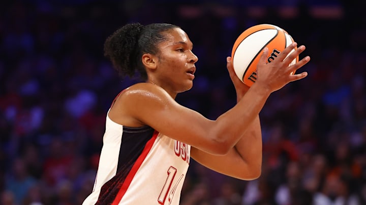 Jul 20, 2024; Phoenix, AZ, USA; USA Women's National Team forward Alyssa Thomas (14) during the WNBA All Star game at Footprint Center. Mandatory Credit: Mark J. Rebilas-Imagn Images