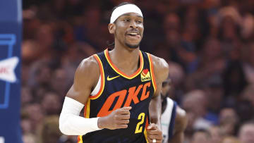 Apr 14, 2024; Oklahoma City, Oklahoma, USA; Oklahoma City Thunder guard Shai Gilgeous-Alexander (2) smiles after scoring against the Dallas Mavericks during the second quarter at Paycom Center. Mandatory Credit: Alonzo Adams-USA TODAY Sports