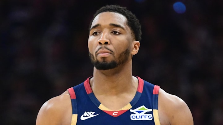 Apr 18, 2026; Cleveland, Ohio, USA; Cleveland Cavaliers guard Donovan Mitchell (45) celebrates after hitting a three point basket against the Toronto Raptors during the first half of game one in the first round of the 2026 NBA Playoffs at Rocket Arena. Mandatory Credit: Ken Blaze-Imagn Images