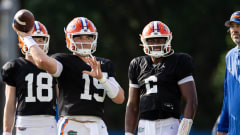 Florida Gators quarterbacks Graham Mertz (15) and DJ Lagway (2)