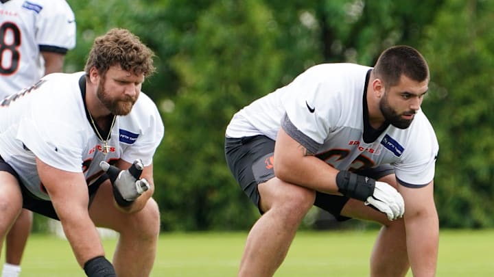 Cincinnati Bengals offensive guard Dylan Fairchild (63) participates in drills during practice, Tuesday, May 13, 2025, at Kettering Health Practice Fields in Downtown Cincinnati.