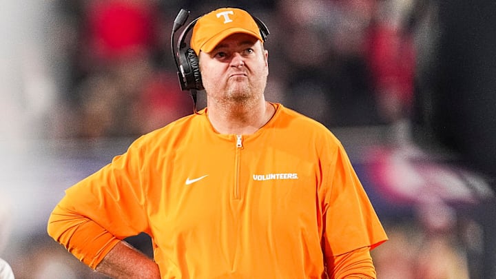 Tennessee head coach Josh Heupel makes a face during a college football game between Tennessee and Georgia at Sanford Stadium in Athens, Ga., on Saturday, November 16, 2024. Tennessee head coach Josh Heupel makes a face during a college football game between Tennessee and Georgia at Sanford Stadium in Athens, Ga., on Saturday, November 16, 2024.