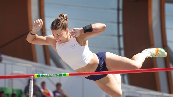 Bridget Williams clears the bar in the women’s pole vault on her way to gold during the final day of the U.S. Olympic Track & Field Trials in Eugene Sunday, June 30, 2024.