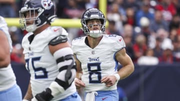 Dec 31, 2023; Houston, Texas, USA; Tennessee Titans quarterback Will Levis (8) jogs off the field after a play during the first quarter against the Houston Texans at NRG Stadium. Mandatory Credit: Troy Taormina-USA TODAY Sports