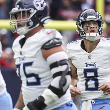 Dec 31, 2023; Houston, Texas, USA; Tennessee Titans quarterback Will Levis (8) jogs off the field after a play during the first quarter against the Houston Texans at NRG Stadium. Mandatory Credit: Troy Taormina-USA TODAY Sports