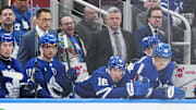 Apr 13, 2024; Toronto, Ontario, CAN; Detroit Toronto Maple Leafs head coach Sheldon Keefe  follows the play against the Detroit Red Wings during the third period at Scotiabank Arena. Mandatory Credit: Nick Turchiaro-Imagn Images