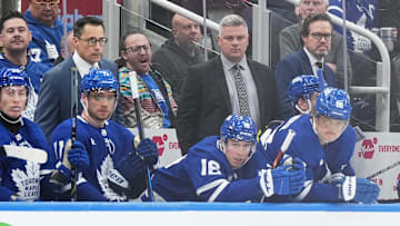 Apr 13, 2024; Toronto, Ontario, CAN; Detroit Toronto Maple Leafs head coach Sheldon Keefe  follows the play against the Detroit Red Wings during the third period at Scotiabank Arena. Mandatory Credit: Nick Turchiaro-Imagn Images