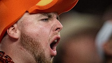 A Texas fan reacts to a call in the fourth quarter as the Texas Longhorns play the Ohio State Buckeyes in the Cotton Bowl College Football Playoff semi-final at AT&T Stadium in Dallas, Texas, Jan. 10, 2025.