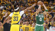 May 27, 2024; Indianapolis, Indiana, USA; Boston Celtics forward Jayson Tatum (0) shoots the ball during game four of the eastern conference finals for the 2024 NBA playoffs at Gainbridge Fieldhouse. Mandatory Credit: Trevor Ruszkowski-USA TODAY Sports