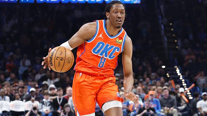 Mar 27, 2024; Oklahoma City, Oklahoma, USA; Oklahoma City Thunder forward Jalen Williams (8) dribbles the ball down the court against the Houston Rockets during the first quarter at Paycom Center. Mandatory Credit: Alonzo Adams-Imagn Images