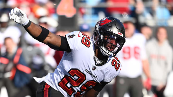 Jan 7, 2024; Charlotte, North Carolina, USA; Tampa Bay Buccaneers safety Christian Izien (29) reacts in the third quarter at Bank of America Stadium. Mandatory Credit: Bob Donnan-USA TODAY Sports